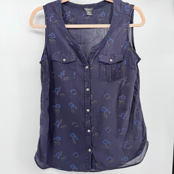 Eddie Bauer Tops - Eddie Bauer Navy Floral Sleeveless Button Front Utility Blouse M Tall Cottage